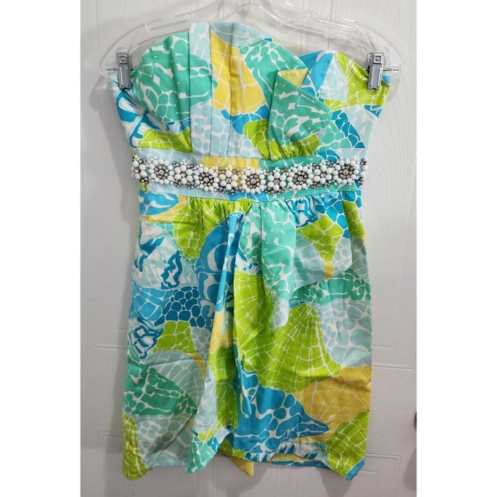 LILLY PULITZER‎ Crystal Beaded Strapless Faux Wrap Pleated Dress Lagoon Green 2